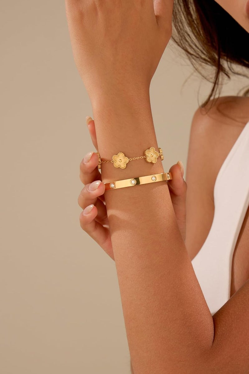 Funio 18K Gold Plated Clover Bracelet Love bangle Set for Women - Stack Friendship Bracelet Lucky Link Bracelets Jewelry Gifts Trendy for Women - Image 4
